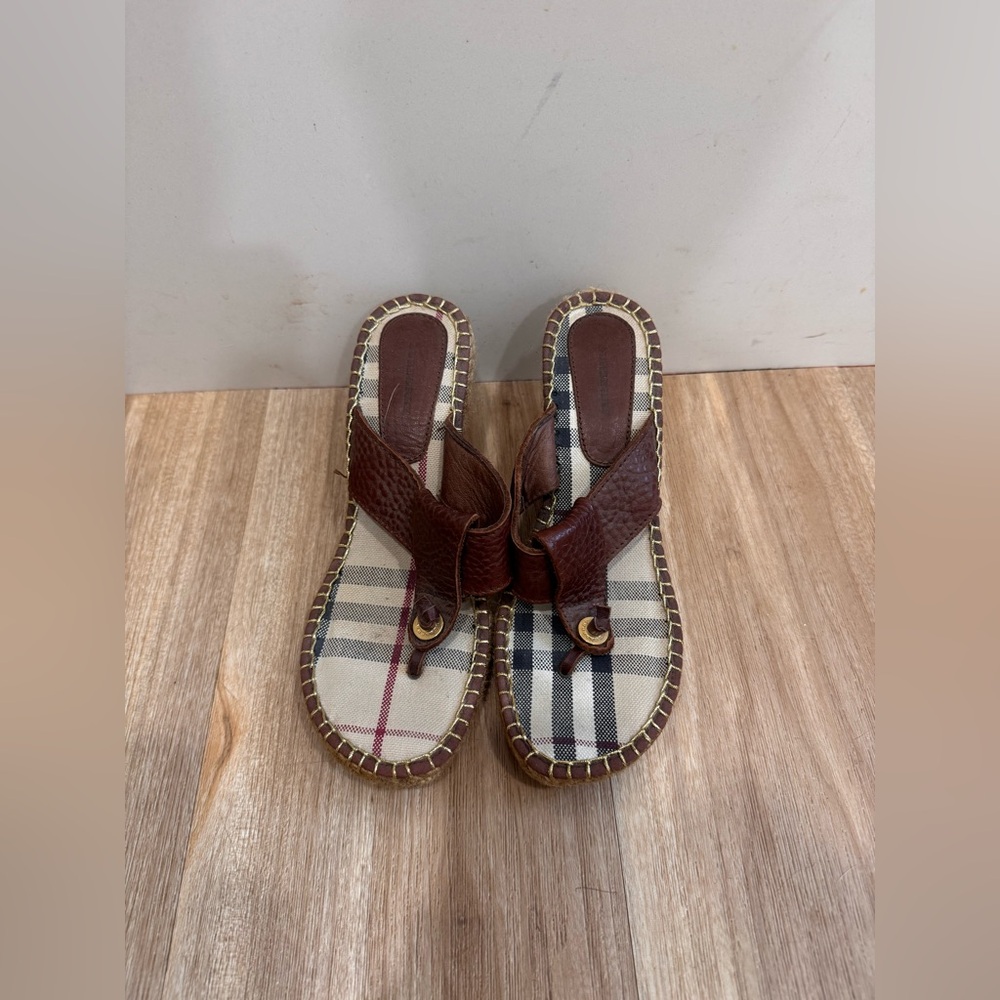 Burberry Brown Leather & Beige Nova Check Wedge Sandals